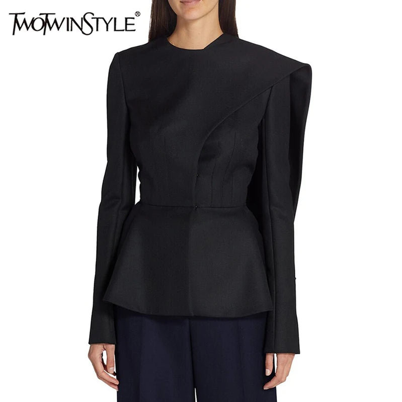 TWOTWINSTYLE Solid Asymmetrical Blazers For Women Round Neck Long Sleeve Tunic Minimalist Blazer Female Fashion Style Clothes