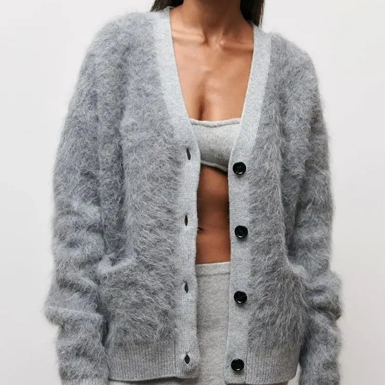 Casual Long Sleeve V-Neck Cardigan Women Autumn Winter Buttons-up Solid Coat Female Imitation Mink Sweater 23123-grey One Size