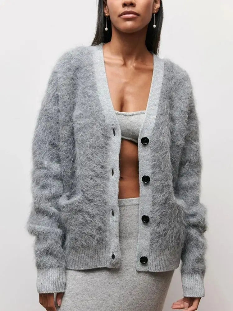 Casual Long Sleeve V-Neck Cardigan Women Autumn Winter Buttons-up Solid Coat Female Imitation Mink Sweater 23123-grey One Size