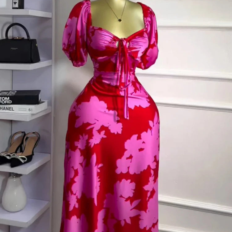 CM.YAYA Women Floral Printed Lantern Half Sleeve Tie Up Long Maxi Dress 2025 Birthday Evening Sexy club Party Dresses Vestidos