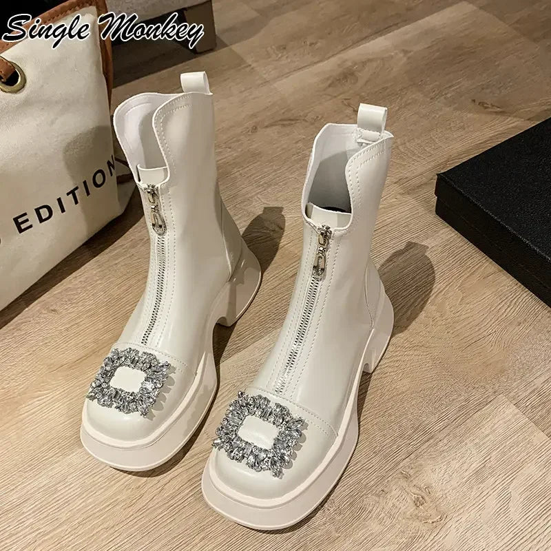 Autumn Chunky Crystal Zipper Chelsea Boots Women Shoes Designer Fashion Ankle Boots Snow Punk Goth Gladiator Lady Shoes