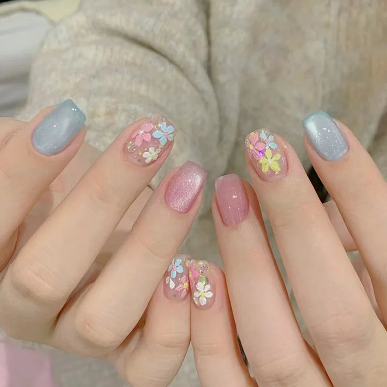 24pcs/set Medium long fake nails yellow dragon flowers feather design for Spring summer Square almond tips press on false nail