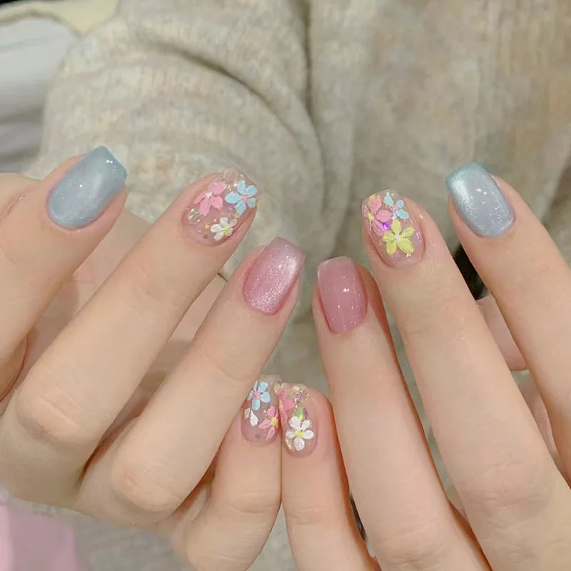 24pcs/set Medium long fake nails yellow dragon flowers feather design for Spring summer Square almond tips press on false nail