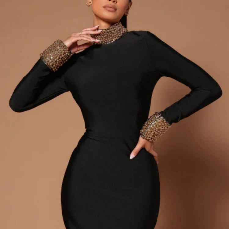 Black Color Women Long Sleeve Sexy Backless Golden Beading Bodycon Bandage Long Dress Fashion Celebrate Evening Party Dress