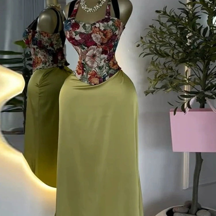 CM.YAYA Women's Dress Set Print Bow Corset Top and Maxi Long Skirt Suit 2025 Summer Elegant Evening Two 2 Piece Set Outfits