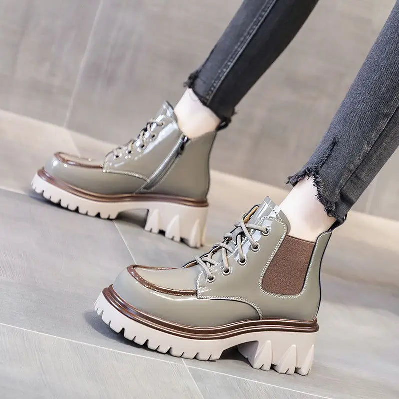 Punk Style Combat Platform Female Ankle Boots Chunky Elastic with Laces Lace-up Booties Footwear Short Shoes for Women New