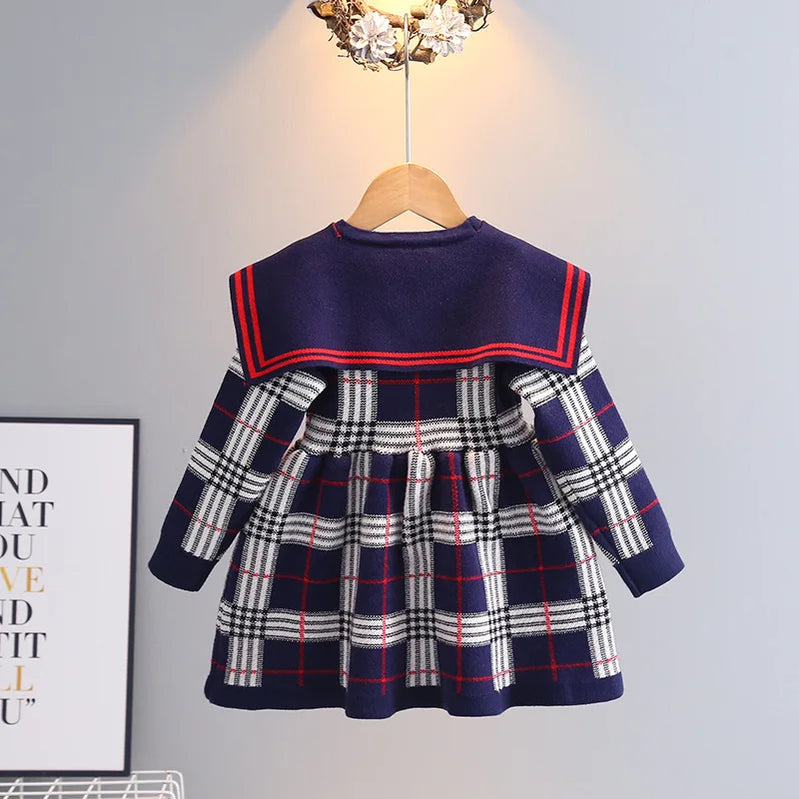 Toddler Girl Sweater Dress New Autumn Winter Warm 0-7Y Girls Plaid Knitted Sweater Dress Bow College Style Kids Clothes
