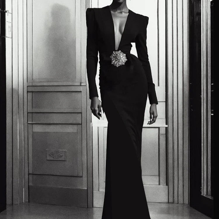 VC Black Maxi Dresses Women Sexy Deep V Neck Long Sleeves Gowns Runway Party Wear 2024 Spring New Fashion