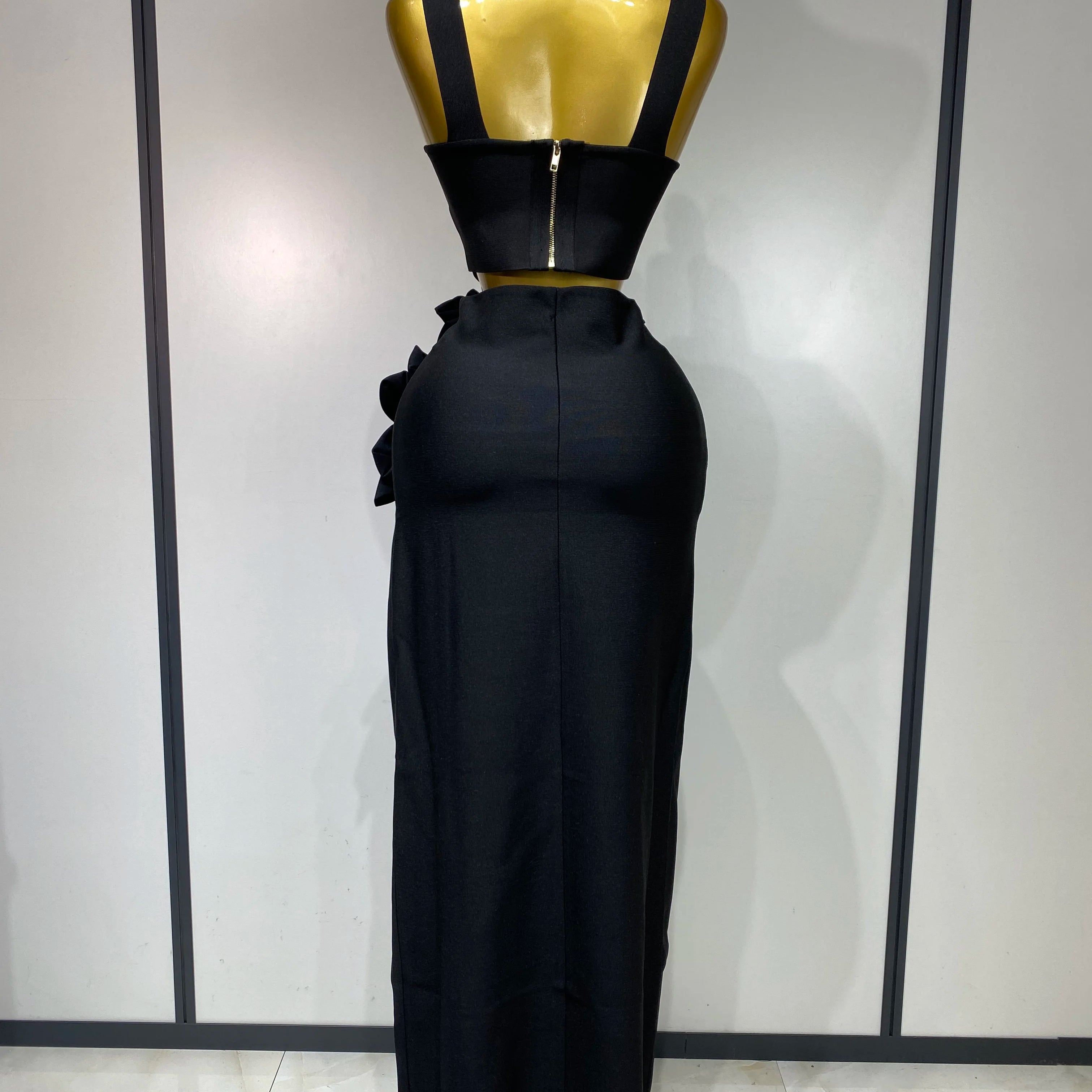 Summer New 2025 Women Sexy Flower Black Red Bandage Two Piece Set Celebrity Evening Party Skirt Suits Luxury Birthday Outfit