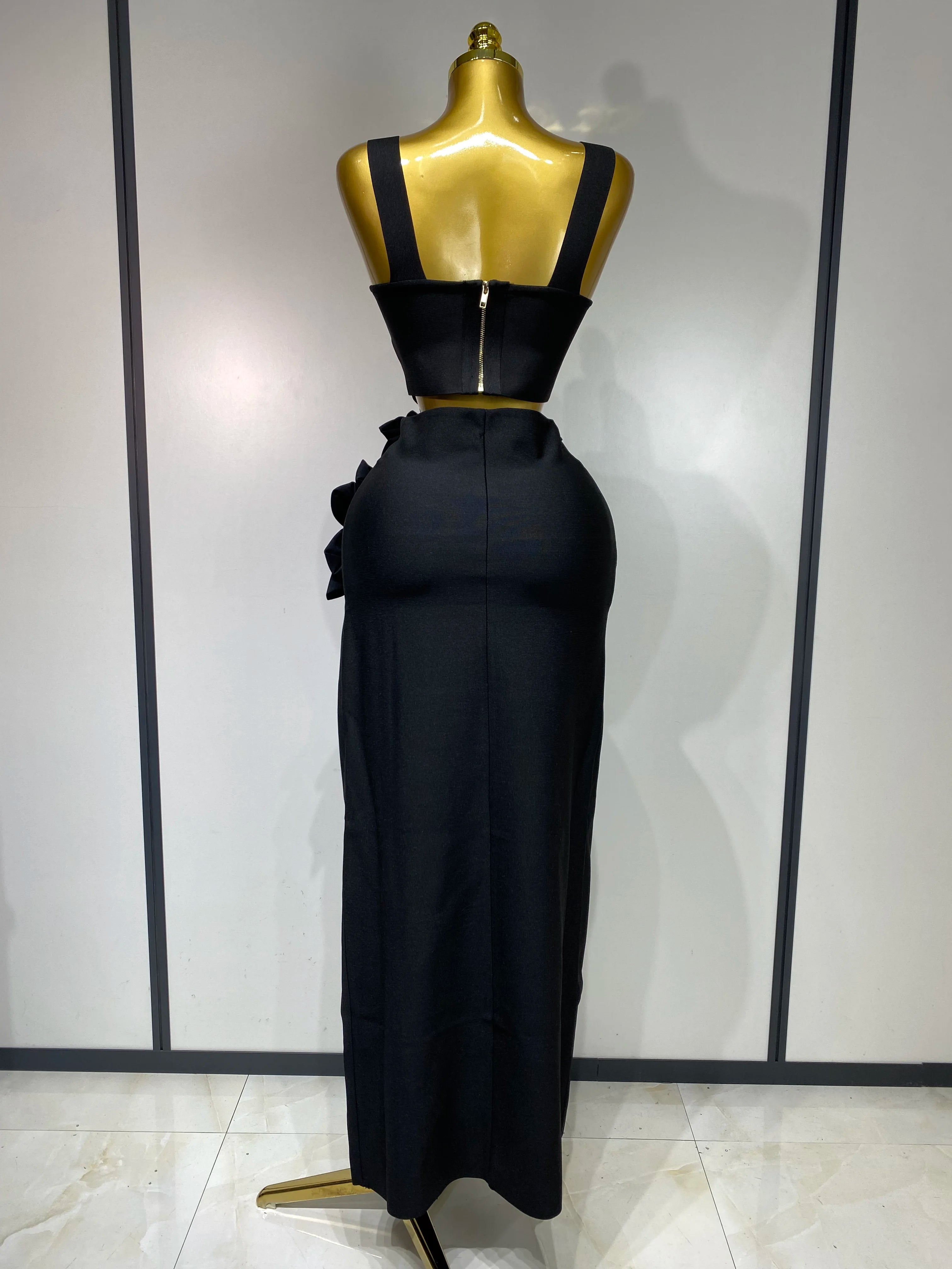 Summer New 2025 Women Sexy Flower Black Red Bandage Two Piece Set Celebrity Evening Party Skirt Suits Luxury Birthday Outfit