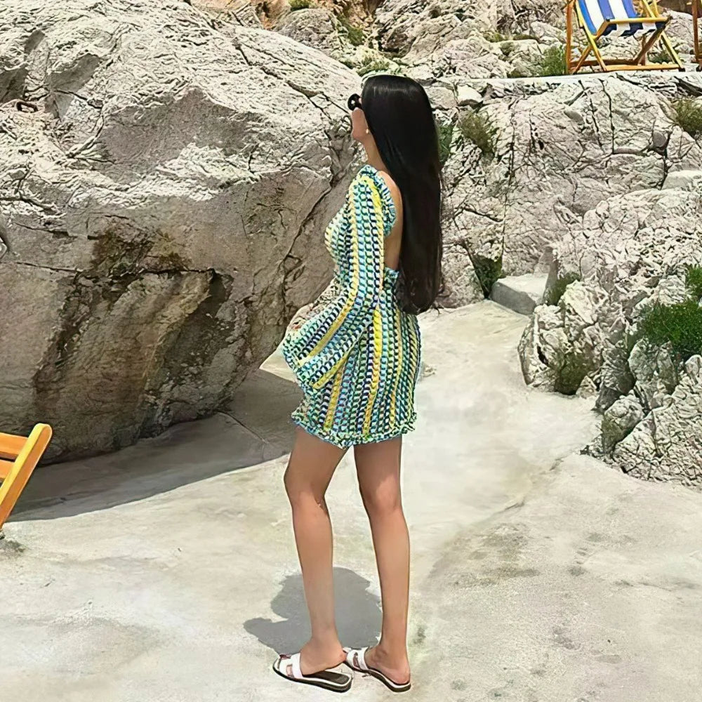 Backless Knitted Beach Dress Women Fashion Hollow Out Mini Boho Dress Summer Elegant Colorful Long Sleeve Bikini Cover Up 2024