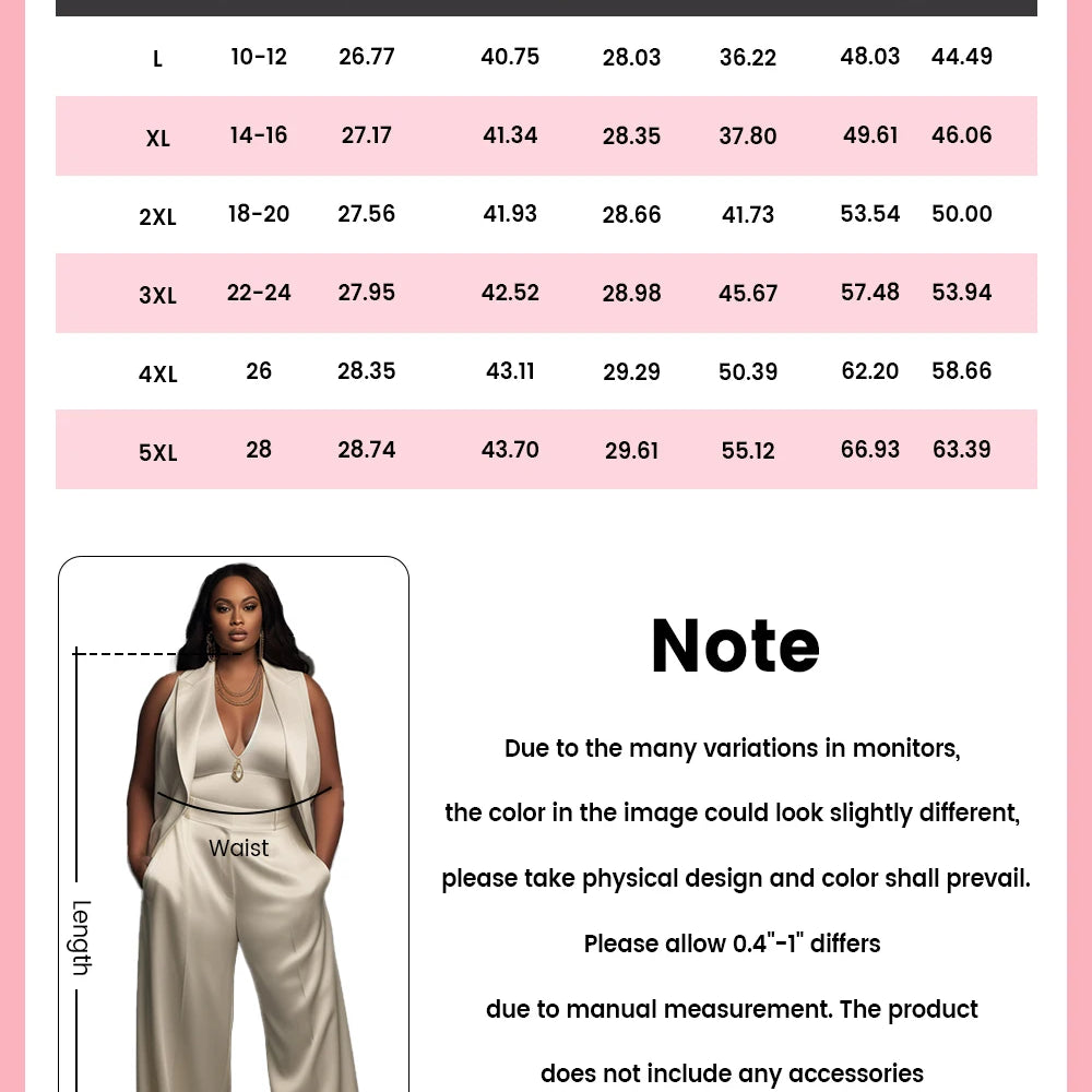 Plus Size Business Casual White Lapel Collar Pocket Wide Leg Satin Two Piece Pant Suits