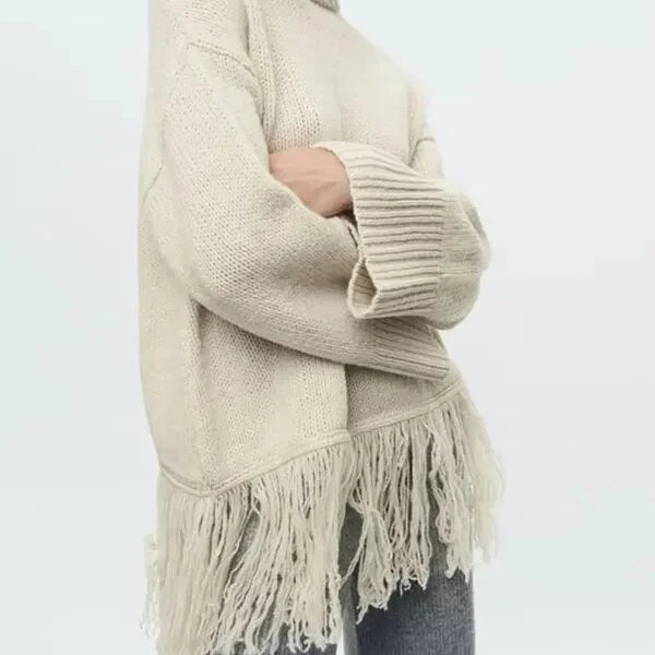 Thicken White Tassel Off Shoulder Sweater Women Elegant Slash Neck Long Sleeve Short Wool Pullover Winter Lady Knit Jumpers Apricot