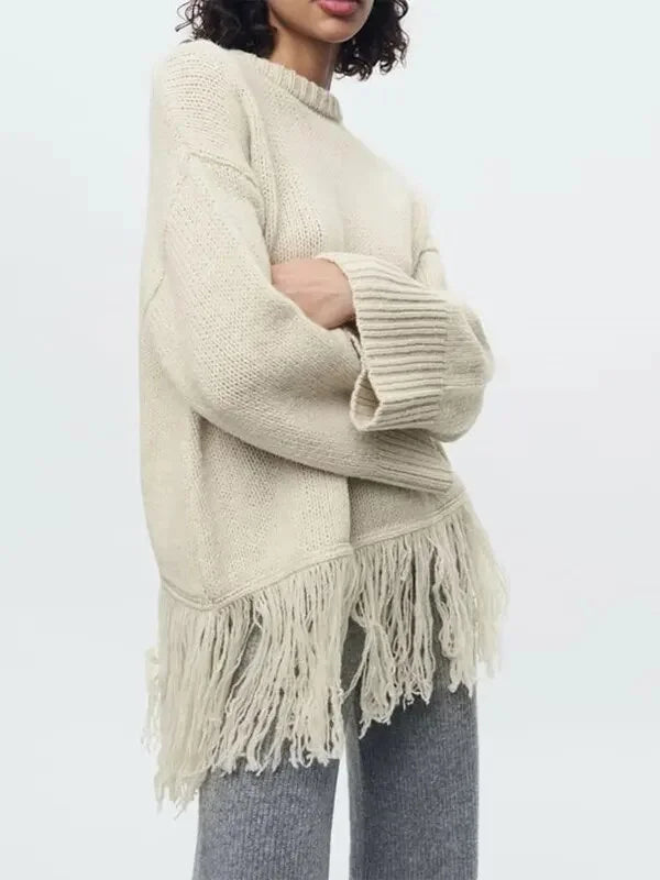 Thicken White Tassel Off Shoulder Sweater Women Elegant Slash Neck Long Sleeve Short Wool Pullover Winter Lady Knit Jumpers Apricot