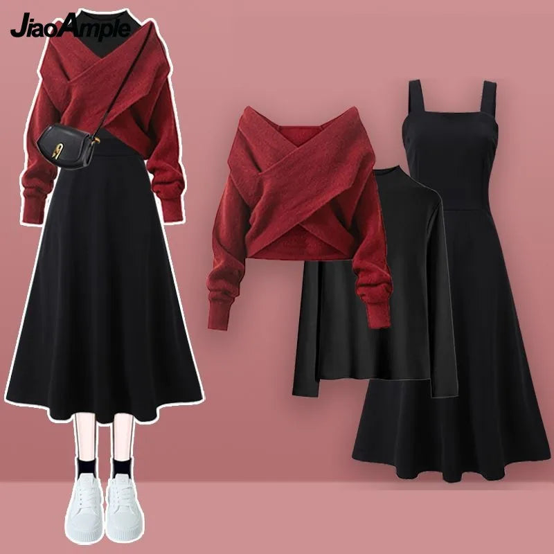 Autumn/Winter New Korean Elegant Matching Set Women's Fashion Cross Knit Sweater+Bottom Shirt+Strap Dress Three Piece Suit