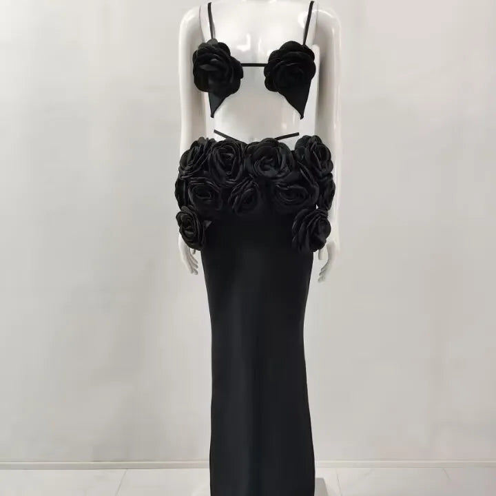 Black White Color Women Sexy Sleeveless V-Neck Bodycon 2 Pieces Bandage Long Dress Florals Celebrate Nightclub Party Outfit