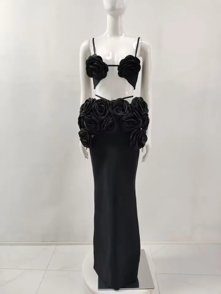 Black White Color Women Sexy Sleeveless V-Neck Bodycon 2 Pieces Bandage Long Dress Florals Celebrate Nightclub Party Outfit