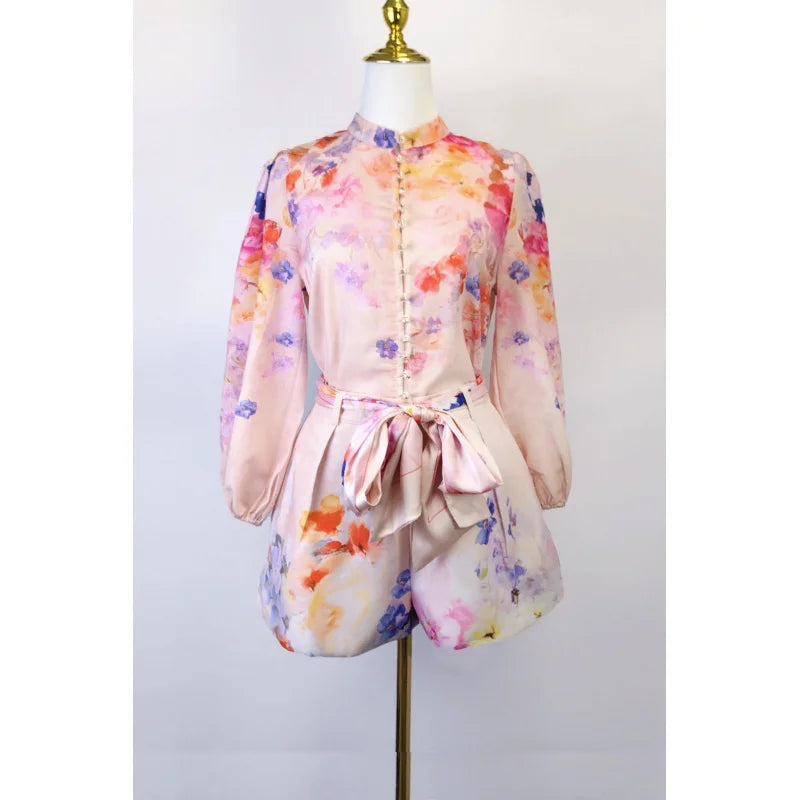 Shot Spot 2025 Spring and Summer Stand Collar Long Sleeve Shirt Top Wide Leg Skirt Pocket with Silk Scarf Belt Two-Piece Se