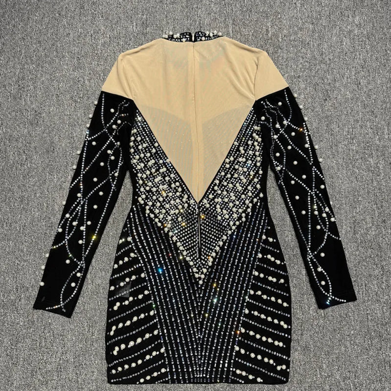 Elegant Evening Party Club Outfit Vestido Women Celebrity Sexy Long Sleeve Turtleneck Mini Rhinestone Diamonds Gowns Dress