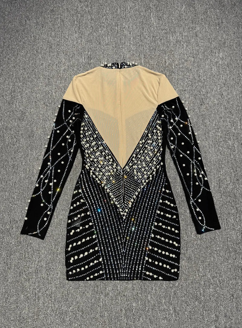 Elegant Evening Party Club Outfit Vestido Women Celebrity Sexy Long Sleeve Turtleneck Mini Rhinestone Diamonds Gowns Dress