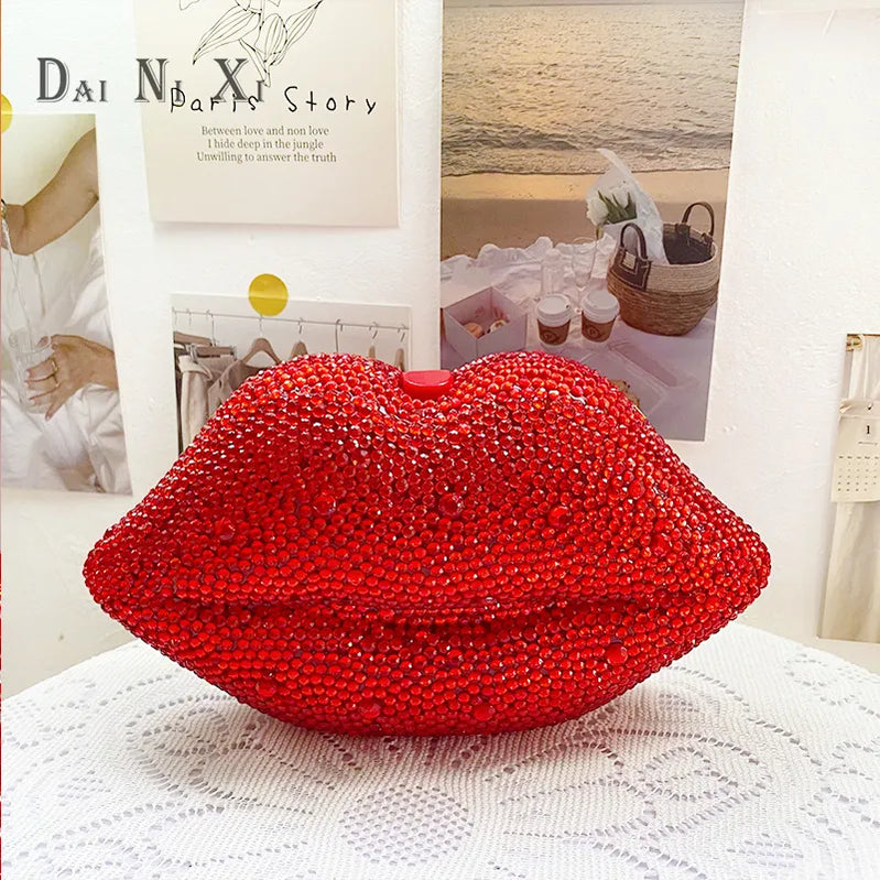 Female Luxury Red Sexy Full Diamond Lips Shape Crystal Evening Bags Woman Clutches Wedding Evening Purse For Ladies