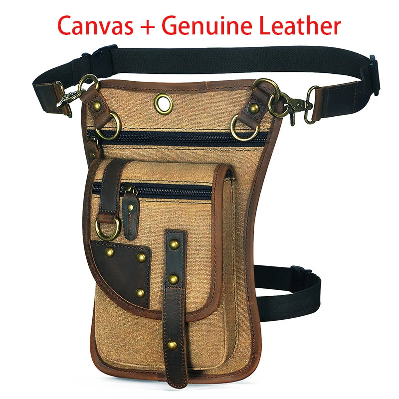 Leather Multipurpose Men Travel Mochila Crossbody Messenger Bag Hook Belt Waist Pack Drop Leg Phone Case Bag canvas-brown