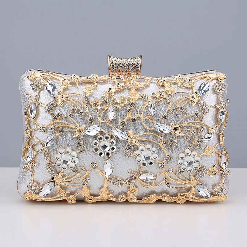 Hollow Out Style Women Evening Bags Rhinestones Metal Luxury New Design Day Clutch Rhinestones Shoulder Party Purse GL3106silver