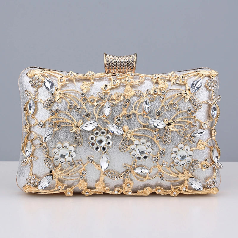 Hollow Out Style Women Evening Bags Rhinestones Metal Luxury New Design Day Clutch Rhinestones Shoulder Party Purse GL3106silver