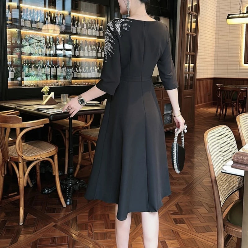 TWOTWINSTYLE Solid Slimming Elegant Dresses for Women Slash Neck Half Sleeves Patchwork Bead Temperament Dress Female Clothing