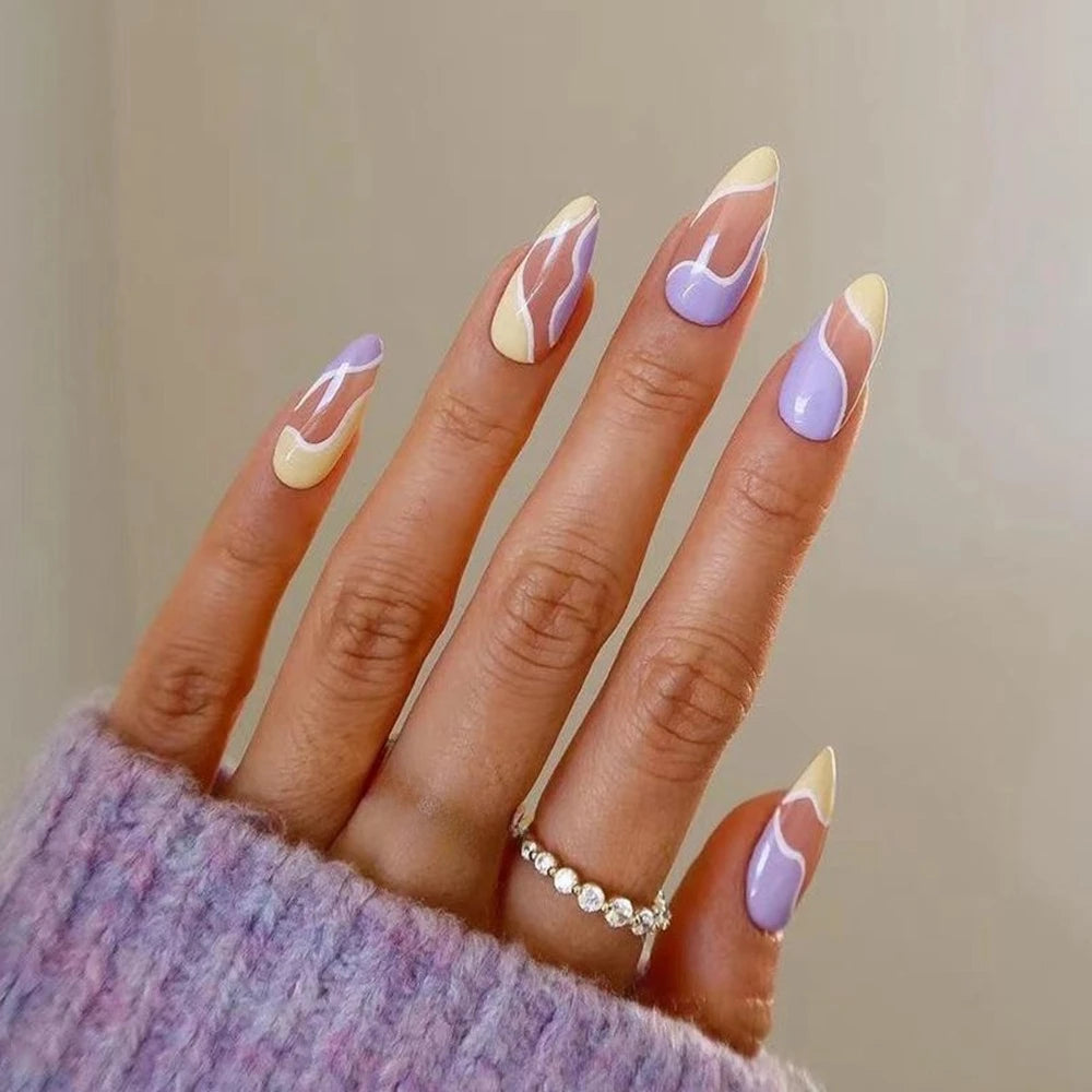 24Pcs Pink Oval Press on Fake Nails Short Stripes White Pattern Minimalist Designs Finished Nail Tips Reusable Nails French Tool