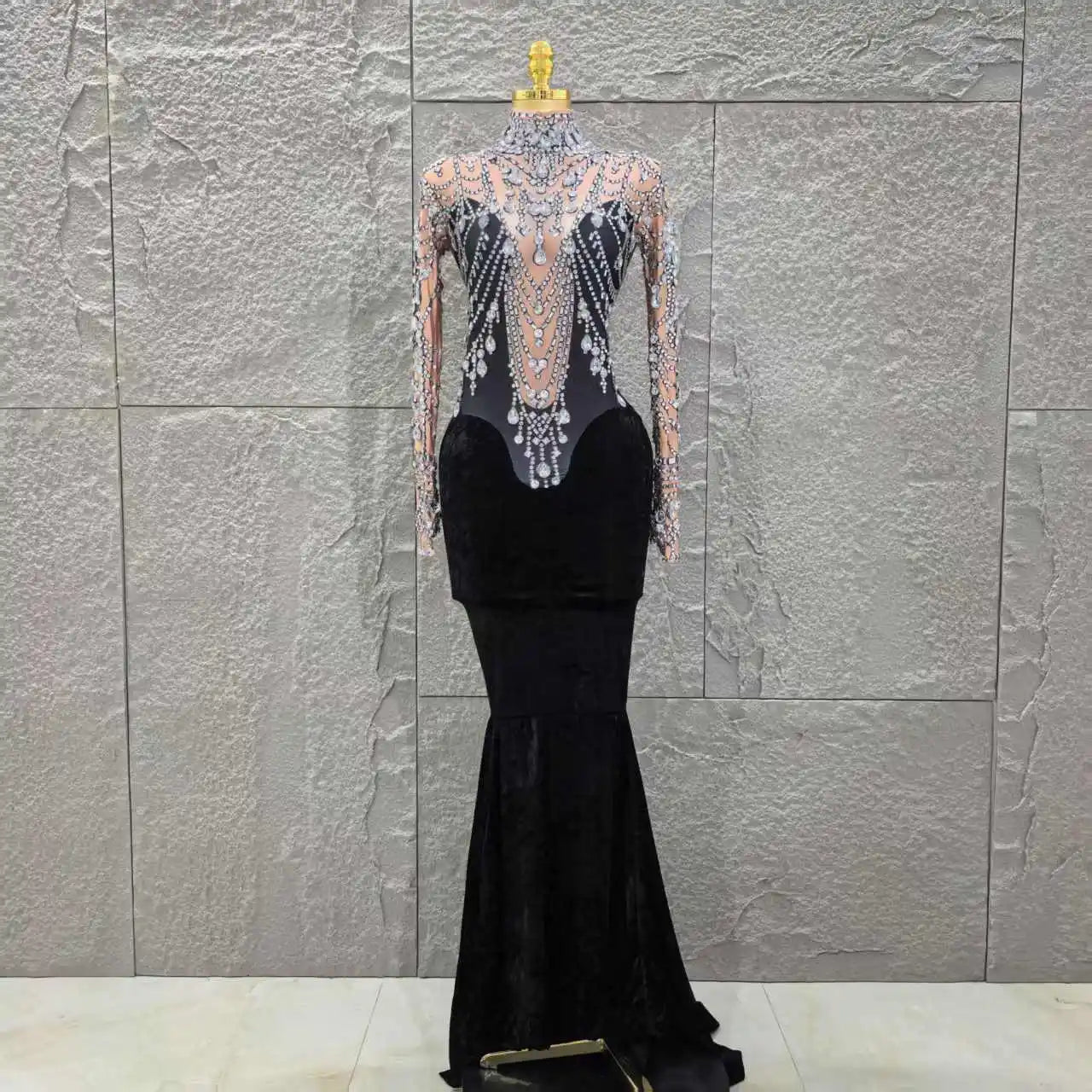 Women Long Sleeve Sexy Shinning Crystal Velvet Bodycon Floor-length Dress Celebrate Evening Party Birthday Cocktail Dress