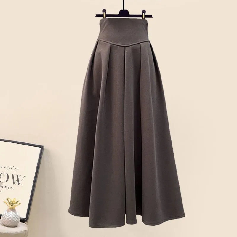 Women's Autumn Winter New Knit Hooded Sweater High Waist Midi Skirt Two Piece Korean Elegant Loose Pullover Dress Matching Set Coffee Skirt