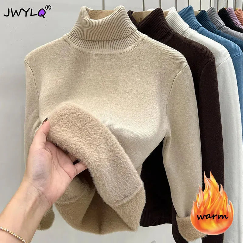 Tyknet fløyel turtleneck genser kvinner koreansk mote foret varm sueter strikket pullover slank topp vinter jersey strikkeplett jumper