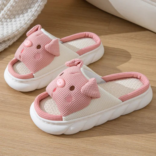 Pink 3.5cm Fashion Soft Ladies Casual Cute Piggy Pattern Design Comfortable Female Linen Home Slippers B