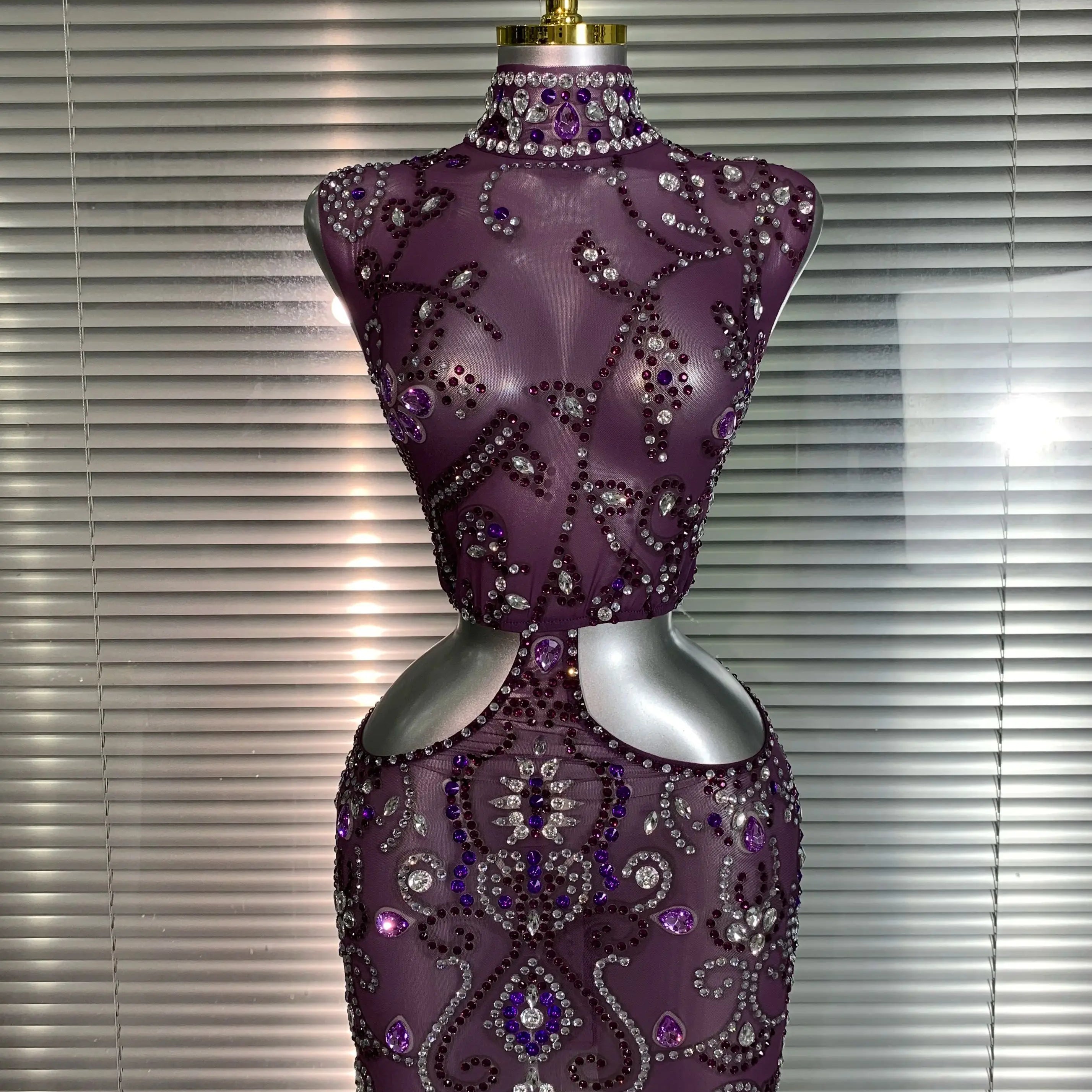 Women Sexy Mesh Crystal Diamonds Mini Purple Performance Costume Stage Dancer See Through Stretchy Night Club Party Dress