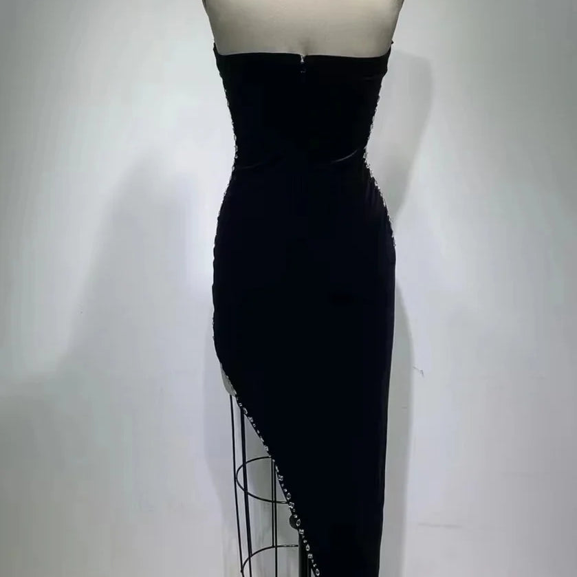 High Quality Celebrity Black Strapless Crystal Long Bodycon Velvet Dress Elegant Evening Party Dress Vestidos