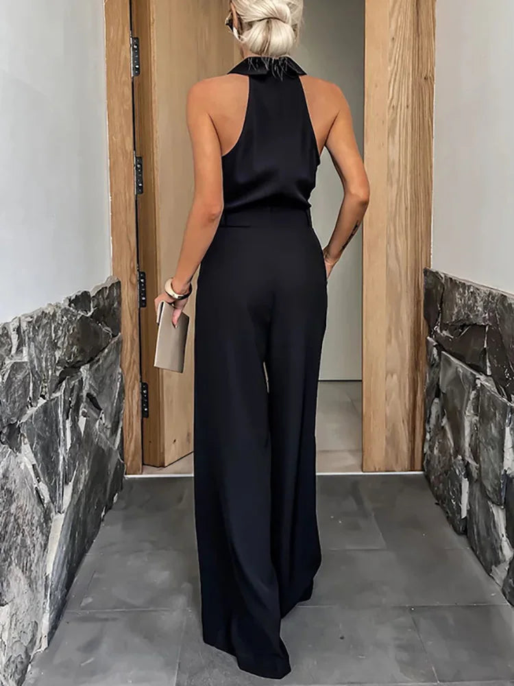Wide Leg Pants Loungewear Bodysuits, Women Spring Summer Pocket Sleeveless Jumpsuits, Turn-Down Collar Simple Ladies Playsuits