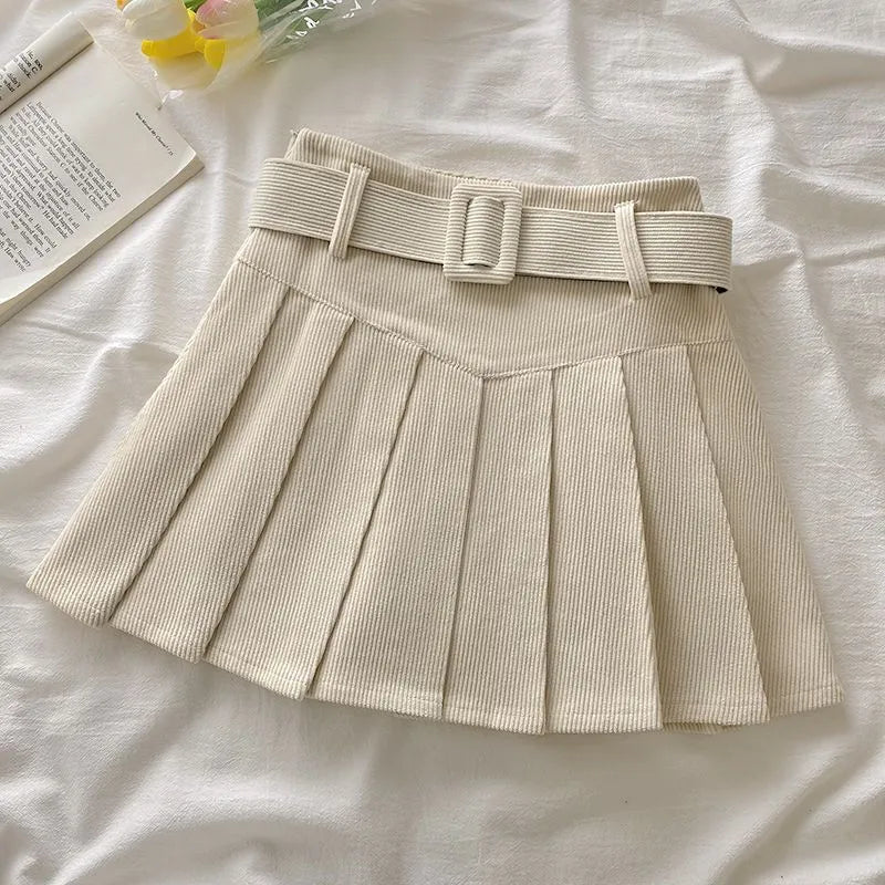 Pleated Mini Skirts Women Japan Students Corduroy Preppy Style Autumn Winter Basic Solid Bottoms Chic Vintage JK Slim All-match apricot with belt