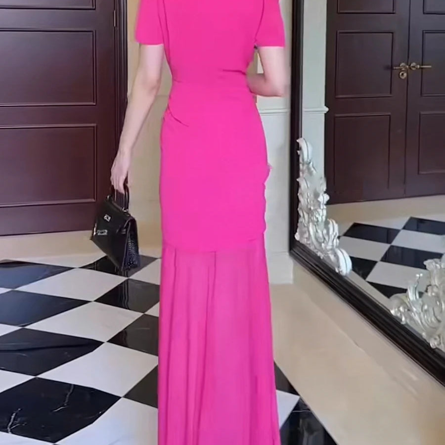 TWOTWINSTYLE Hit Color Spliced 3D Flower Elegant Dresses for Women Round Neck Short Sleeves Patchwork Folds Sheer Dress Female