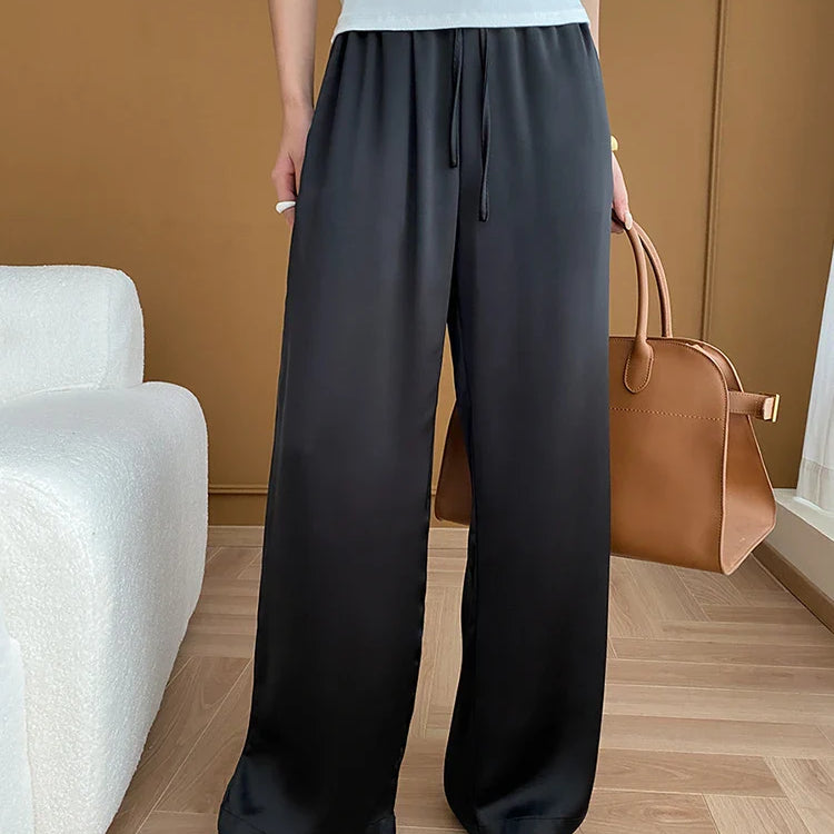 [LANMREM] Stain Drawstring Pants For Women Elastic High Waist Wide Leg Trousers Fashion Clothing Spring New 26D8234