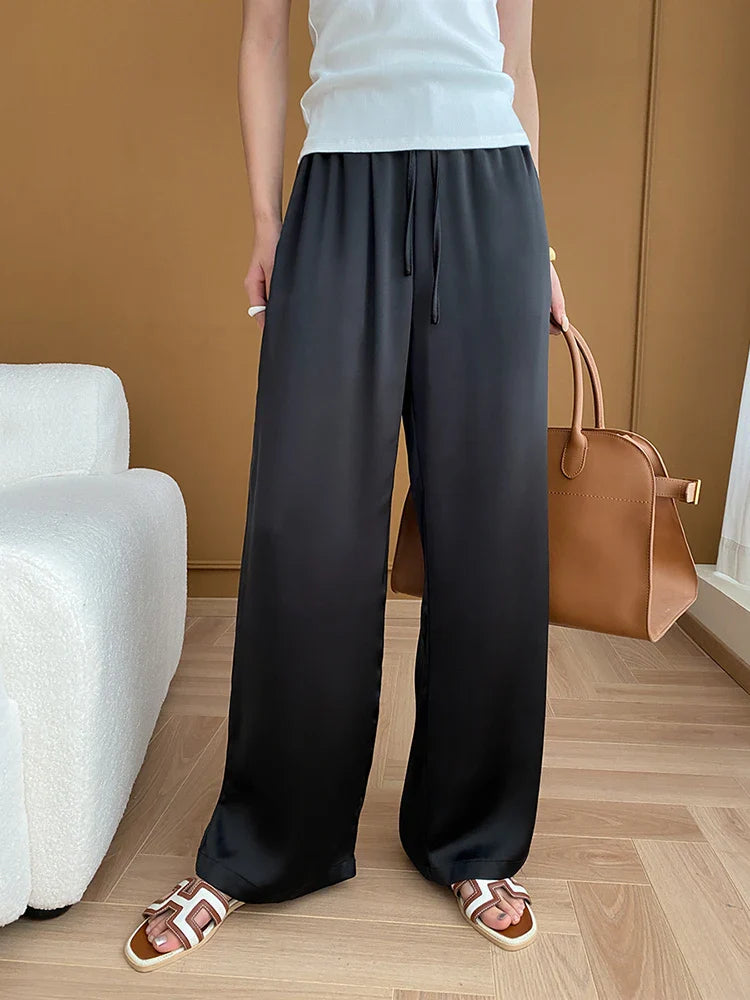 [LANMREM] Stain Drawstring Pants For Women Elastic High Waist Wide Leg Trousers Fashion Clothing Spring New 26D8234