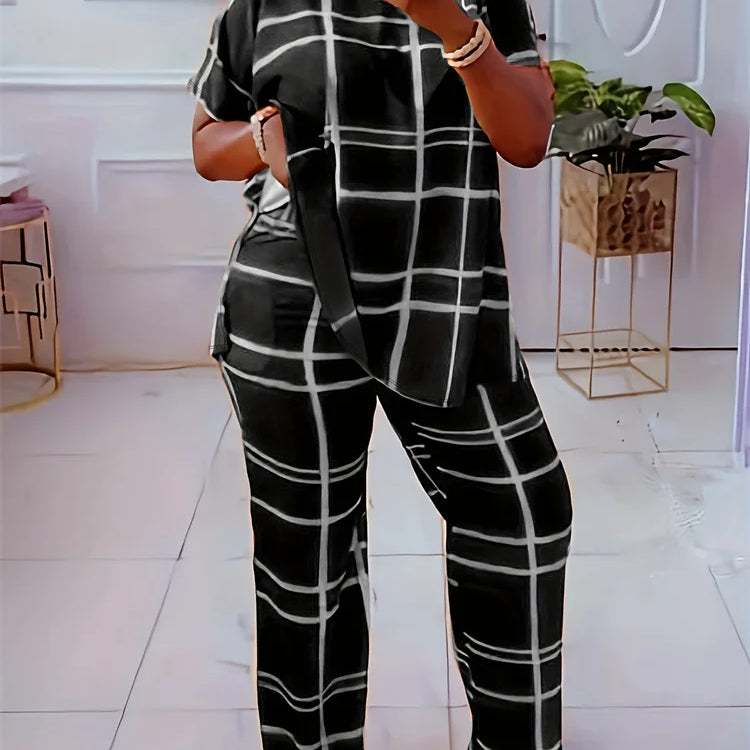 Wmstar Plus Size Two Piece Outfits Women Loose Striped Short Sleeve Top Wide Leg Pants Set Tracksuits Wholesale Dropshipping