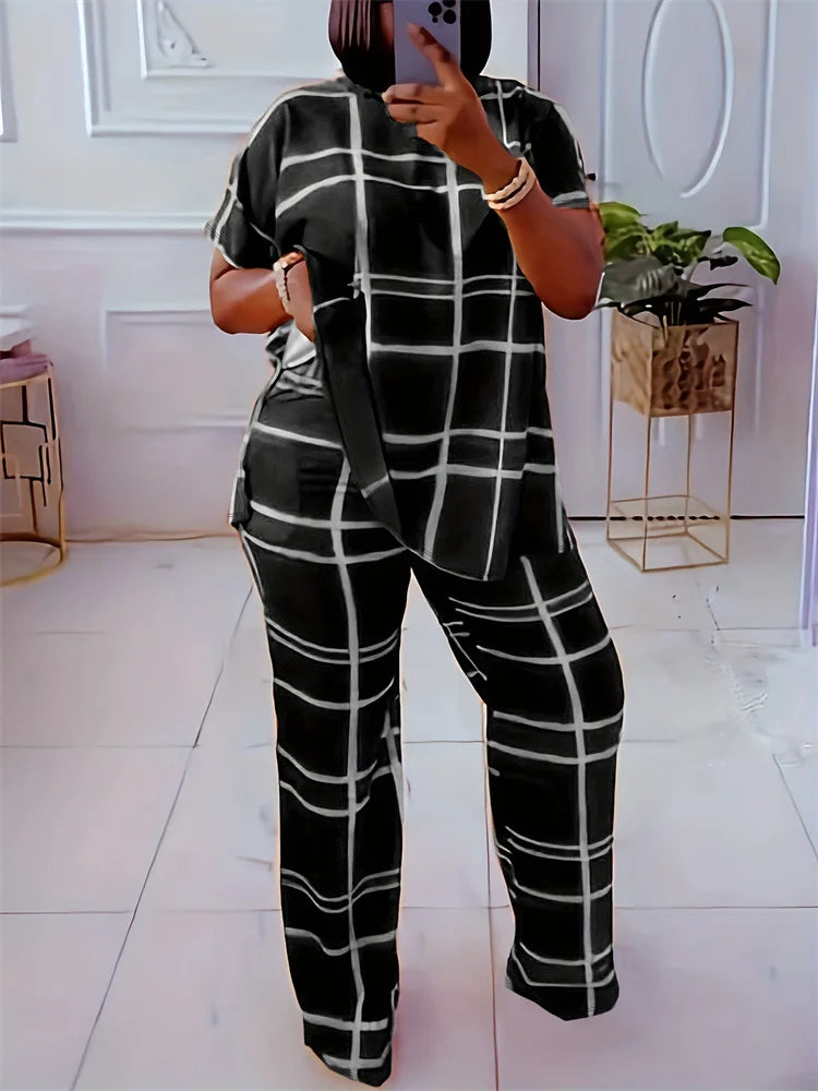 Wmstar Plus Size Two Piece Outfits Women Loose Striped Short Sleeve Top Wide Leg Pants Set Tracksuits Wholesale Dropshipping