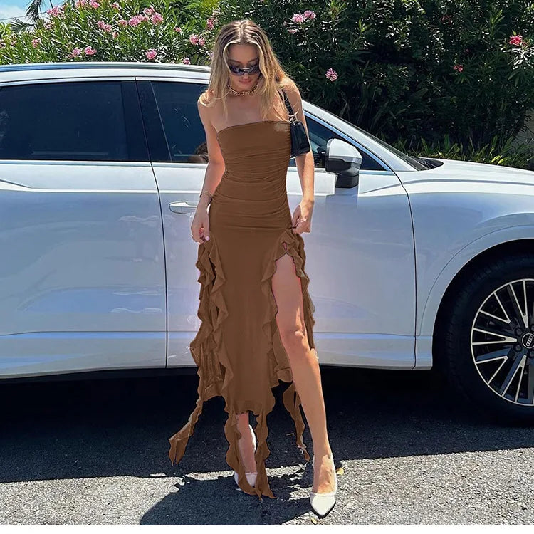 Blue Ruffle Strapless Dress Summer Women Sexy Split Slim Fringe Dresses Elegant Sleeveless Backless Vacation Club Party Outfits