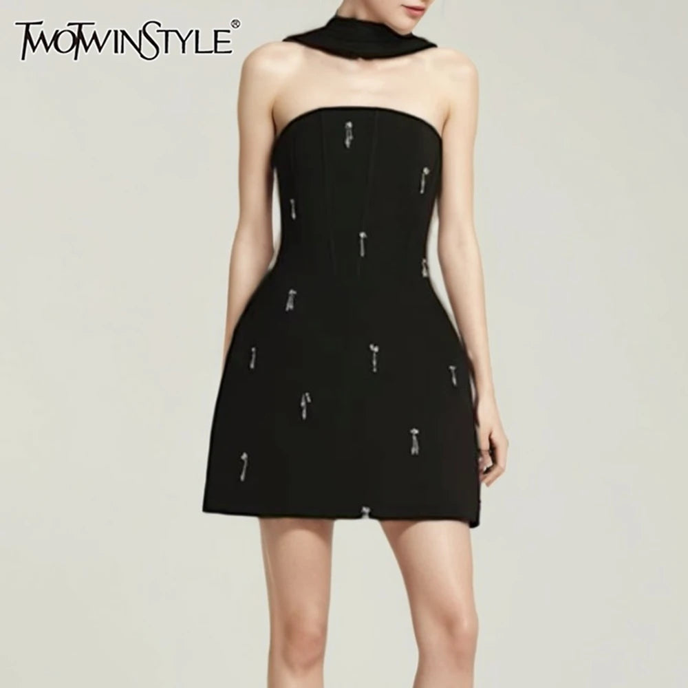 TWOTWINSTYLE Solid Slimming Spliced Bead Elegant Dresses for Women Strapless Sleeveless Temperament Mini Dress Female Fashion