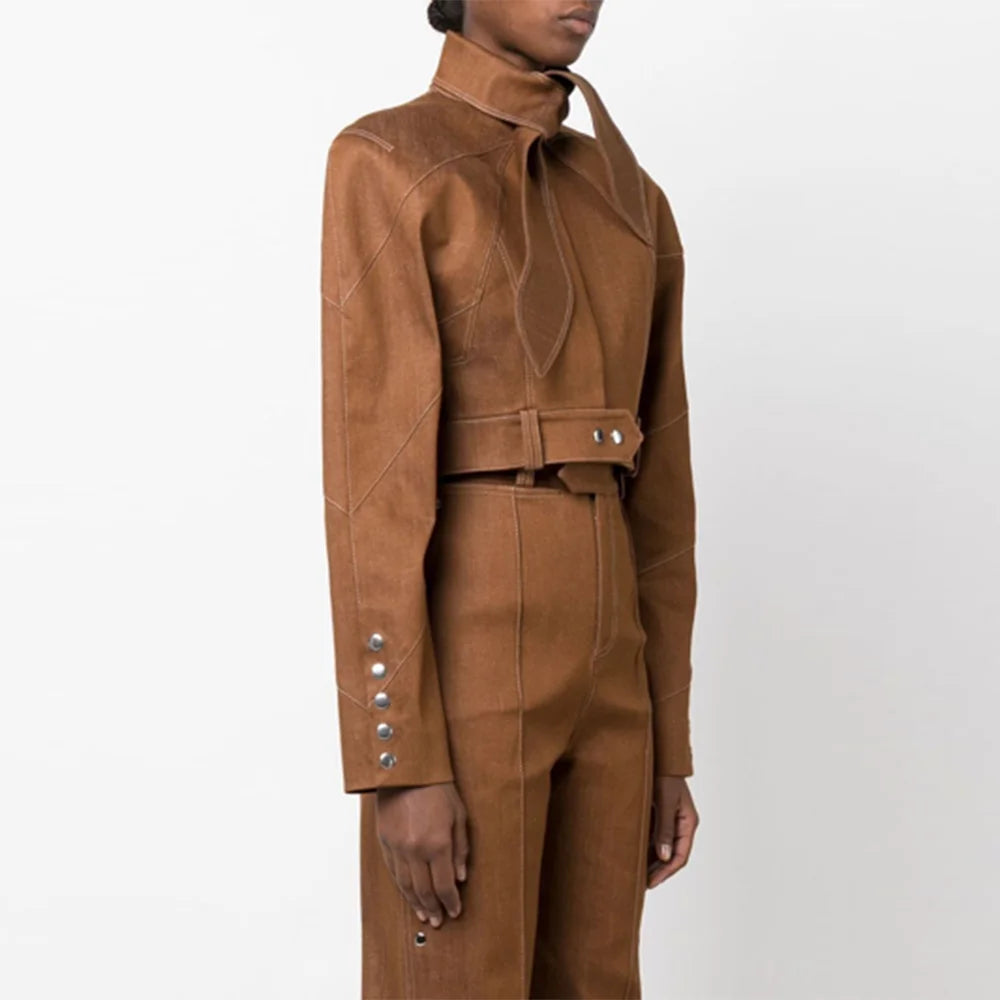 TWOTWINSTYLE Fashion Two Piece Set for Women Stand Neck Long Sleeve Spliced Button Coat High Waist Pants Female Temperament New