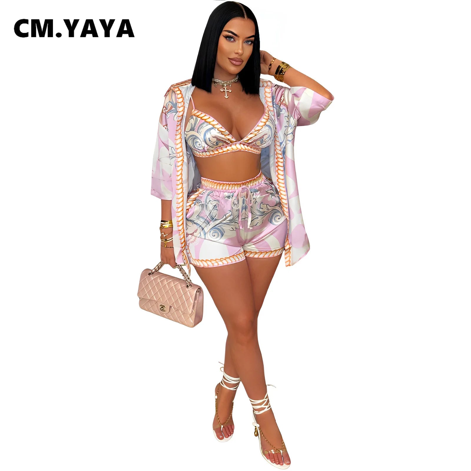 CM.YAYA Paisley Printed Women's Set Three Quarter Sleeve Blouse + Bra Top and Shorts 2025 Beach 3- Piece Sets Outfit Tracksuits