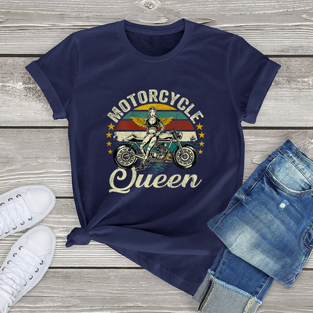 Cotton Personality Fashion Vintage Motorcycle Queen Grandma Clothing Gift Women T-Shirt Printed Unisex Tee Streetwear Navy Blue