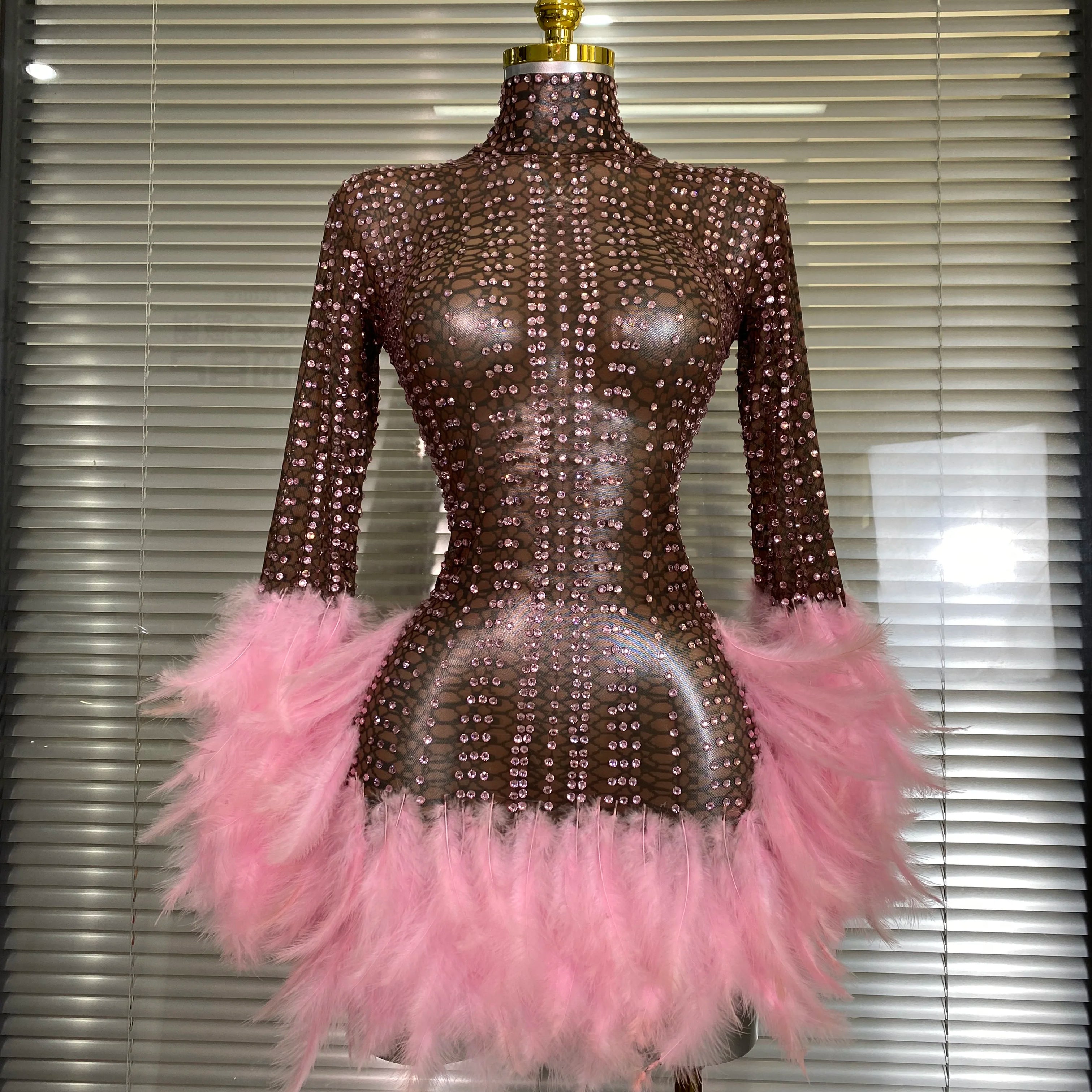 New Women Sexy Transparent Stretched Mesh Feathers Stage Performance Costume Stage Dancer Singer Mini Night Club Party Dress