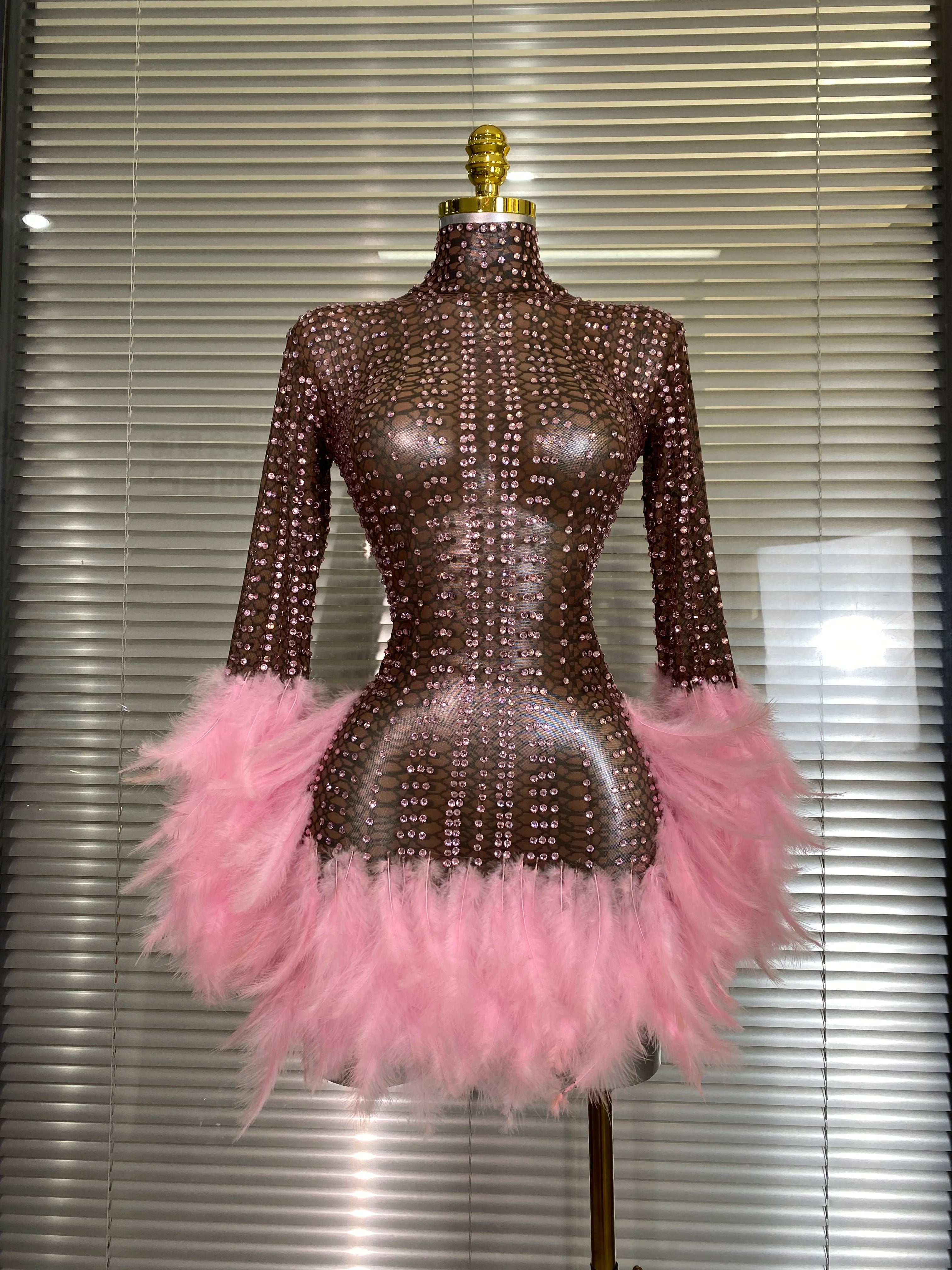 New Women Sexy Transparent Stretched Mesh Feathers Stage Performance Costume Stage Dancer Singer Mini Night Club Party Dress